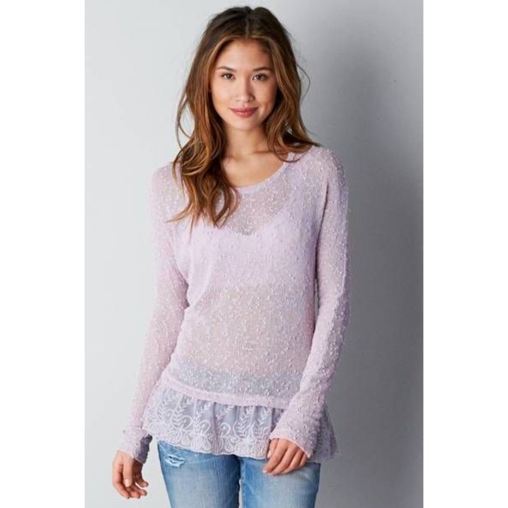 American Eagle Feather Light Ruffled Hem Lace Sweater in Lavender, XS